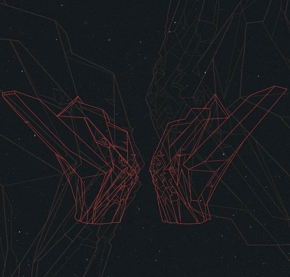 Dark album artwork with mirrored angular figures drawn in fine red lines